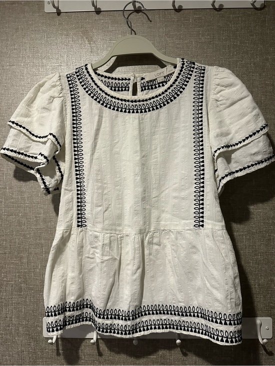 LOFT Tops - LOFT White Peplum Tunic with Black Embroidered Trim
